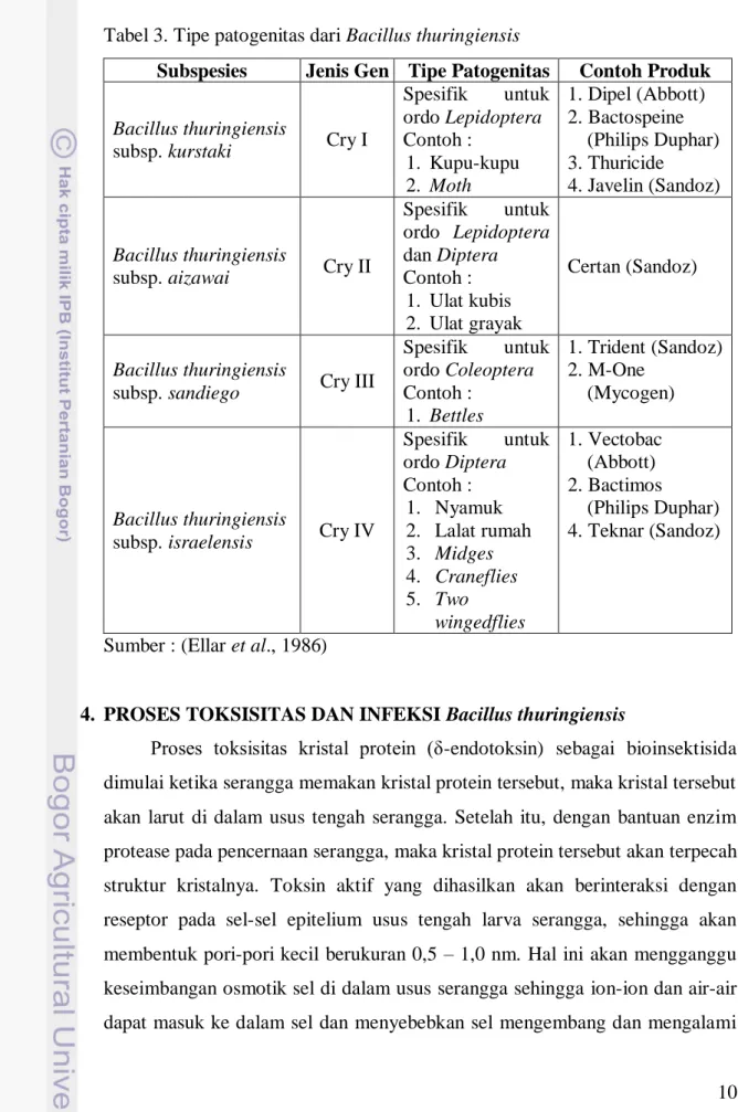 Tabel 3. Tipe patogenitas dari Bacillus thuringiensis 