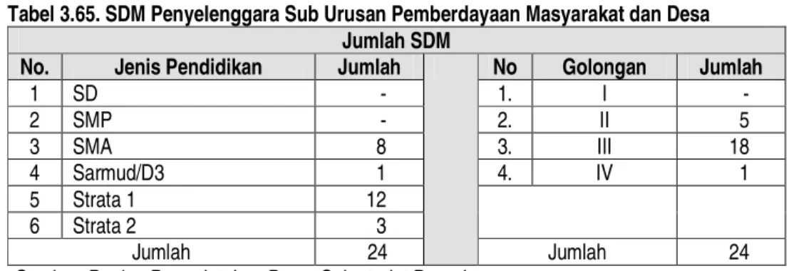 Tabel 3.65. SDM Penyelenggara Sub Urusan Pemberdayaan Masyarakat dan Desa   Jumlah SDM 