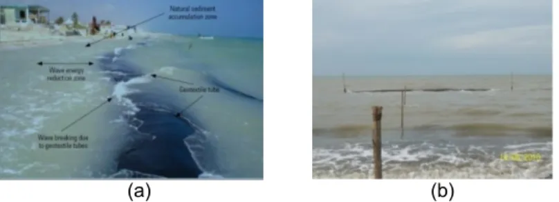Gambar 4. Geotube yang dibangun di (a) Pantai Yucatan, Mexico; dan (b) Pantai Lombang, Indramayu, Jawa Barat  (Paotonan C, dkk, 2011)
