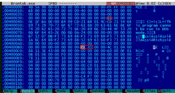 Gambar 3.2.1 Dos Header Virus Brontok  Keterangan Gambar diatas (warna merah) : 
