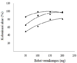 Tabel  2.  Bobot optimal  vermikompos  untuk  menghasilkan  kolonisasi akar dan jumlah  spora G