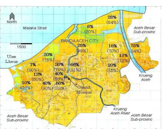 Figure 2 Percentage of Survivors in Banda Aceh City (Number in parenthesis shows    percentage of survivors if people had escaped immediately after the earthquake)  3