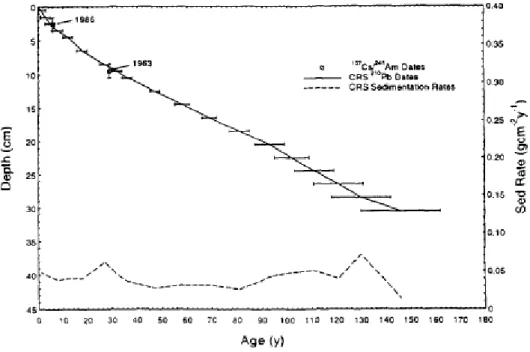 Gambar 3. Pemodelan umur kolom sedimen menggunakan model CRS  (Appleby, Oldfield, 1978) 