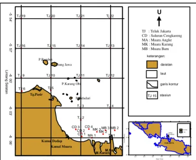 Gambar 1. Lokasi  dan  stasiun  penelitian  di  perairan  Teluk  Jakarta dan Kepulauan Seribu pada tanggal 5-11  Agustus 2003  U  TJ   : Teluk Jakarta  CD  : Saluran Cengkareng MA : Muara Angke MK : Muara Karang MB : Muara Baru 