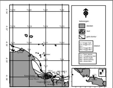 Gambar 3.   Sebaran  TSS  di  kolom  air  bagian  tengah  perairan Teluk Jakarta dan Kepulauan Seribu  pada tanggal 5-11 Agustus 2003
