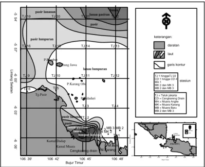 Gambar 5.   Sebaran  sedimen  di  dasar  Teluk  Jakarta  dan  Kepulauan  Seribu  pada  tanggal  5-11  Agustus  2003