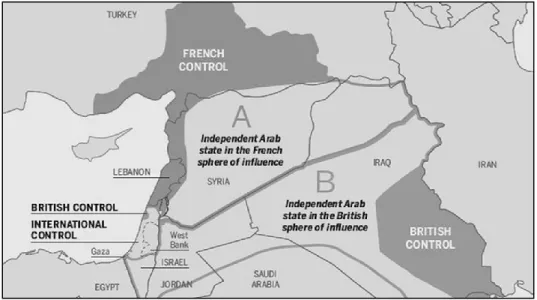 Gambar 2.3. Peta Pembagian Wilayah Dalam Perjanjian Sykes-Picot Sumber: http://vox.com/2014/9/25/6843611/14-maps-that-explain-isis 