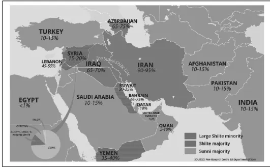 Gambar 2.4. Lines in the Sand: Shiites as % of Muslim Population  Sumber: http://cdn.timesofisrael.com/blogs/uploads/2013/06/Sunni-Shia-Map-PEW.jpg 