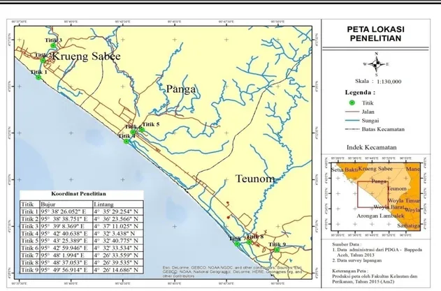 Gambar 1. Peta kawasan pesisir Aceh Jaya yang menunjukkan lokasi penelitian 