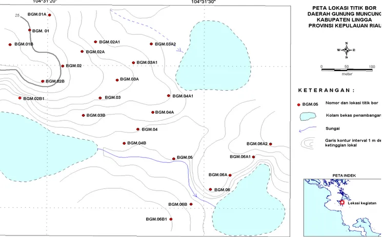 Gambar 3. Peta Pengambilan Conto Titik Bor  di Daerah S. Seruak Hulu Gunung Muncung Desa  Batu Berdaun