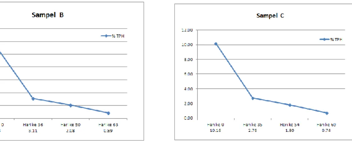 Tabel  4.4  Hasil  TPH  pada  mixing  cell C  Tanggal  Waktu  (hari)  Perlakuan  TPH (%)   16-Mei-13  0  Sampling awal  10.16  20-Jun-13  35  Sampling  I  2.76  9-Jul-13  54  Sampling  II  1.80  24-Jul-13  69  Sampling  III  0.74 