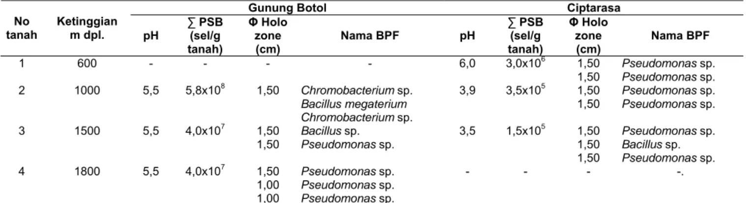 Table 2. Populasi dan nama BPF di lantai hutan Gunung Botol (ketinggian 1000, 1500, 1800 m dpl.) serta Ciptarasa (ketinggian 600, 100,  1500 m dpl.)