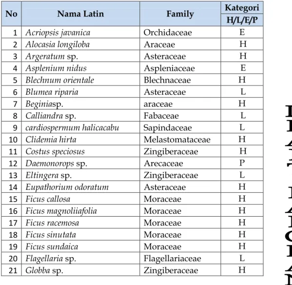 Tabel IV-5.   Kehadiran  dan  keragaman  jenis  vegetasi  pendukung  (herba,  liana,  epifit dan palm) pada lokasi studi hutan alam Gunung Pulosari