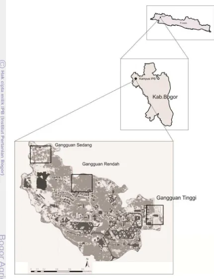 Gambar 2.1  Peta lokasi penelitian, menunjukkan lokasi dengan tingkat gangguan rendah, sedang dan tinggi di Kampus IPB Darmaga 