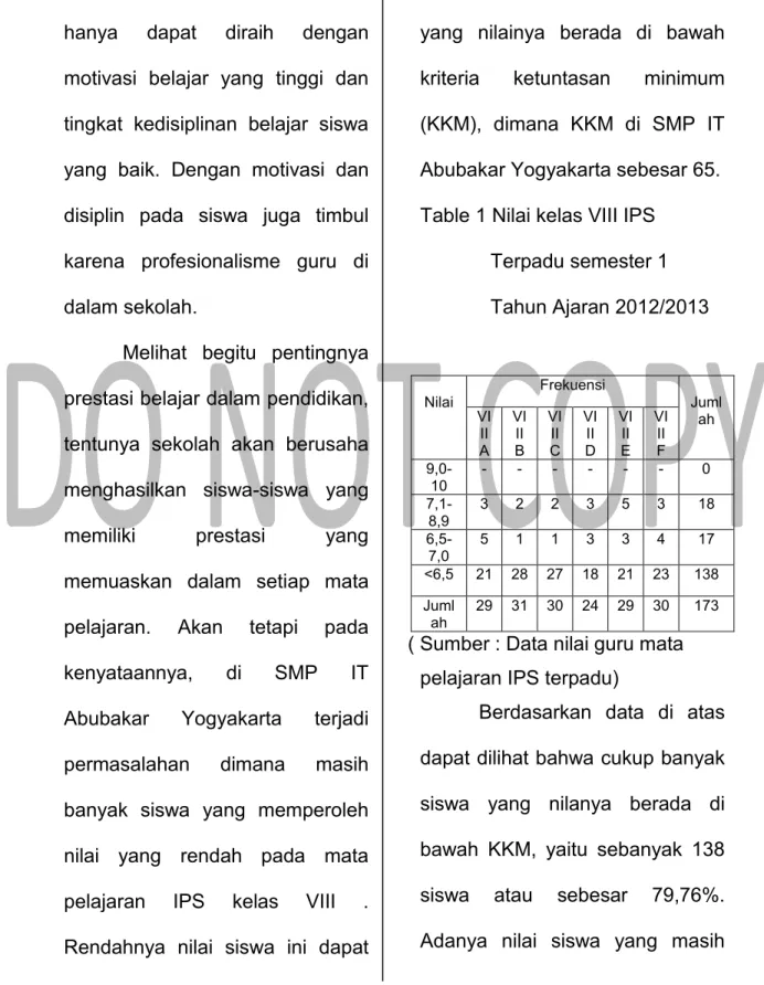 Table 1 Nilai kelas VIII IPS  Terpadu semester 1  Tahun Ajaran 2012/2013  Nilai   Frekuensi   Juml VI ah  II  A  VI II  B  VI II  C  VI II  D  VI II  E  VI II F   9,0-10  -  -  -  -  -  -  0   7,1-8,9  3  2  2  3  5  3  18   6,5-7,0  5  1  1  3  3  4  17  