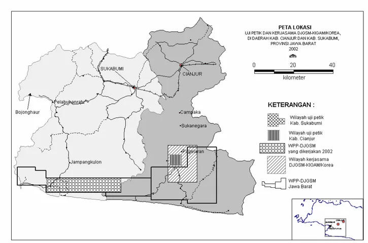 Gambar 1. Peta Lokasi Uji Petik dan Kerjasama DJGSM- KIGAM di daerah Kab.Cianjur dan Kab.Sukabumi,  Prov