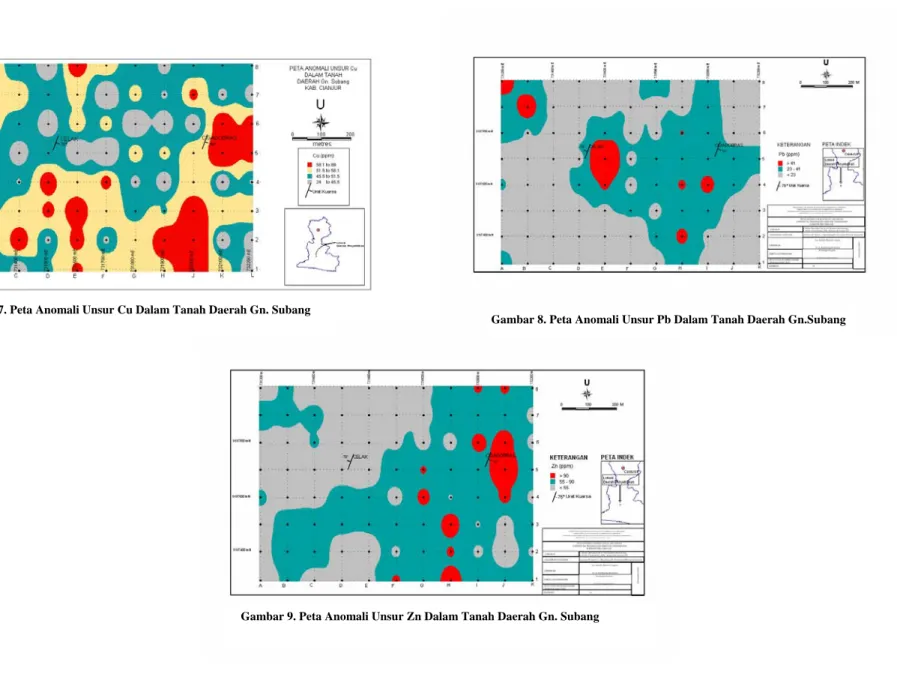 Gambar 8. Peta Anomali Unsur Pb Dalam Tanah Daerah Gn.Subang Gambar 7. Peta Anomali Unsur Cu Dalam Tanah Daerah Gn