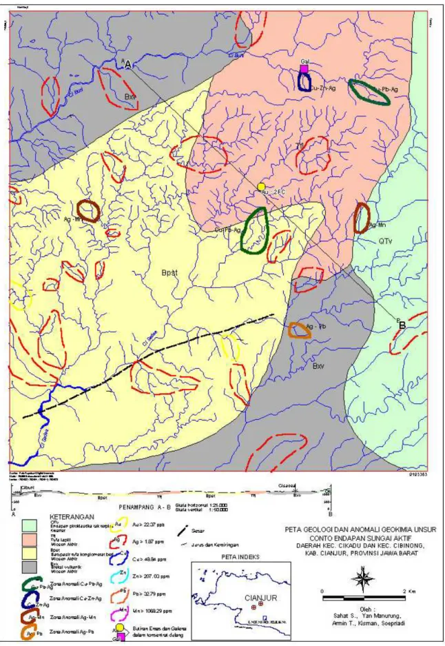 Gambar 11. Peta Geologi dan Anomali Geokimia Unsur Conto Endapan Sungai Aktif  Daerah Kec