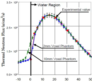 Gambar 6. Pola distribusi termal fluks Neutron yang dilakukan oleh Kumada et al. (2007)  Penyerapan (absorpsi) menggeser spektrum termal neutron naik dari distribusi  Maxwell-Boltzmann, hal ini terlihat dari pola distribusi fluks neutron yang dihasilkan be