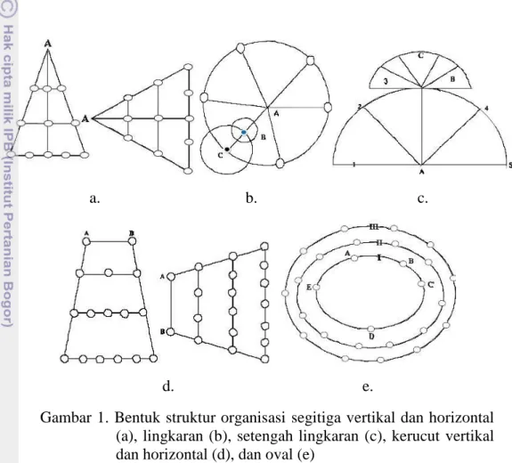 Gambar 1. Bentuk struktur organisasi segitiga vertikal dan horizontal  (a), lingkaran  (b), setengah lingkaran  (c),  kerucut vertikal  dan horizontal (d), dan oval (e) 
