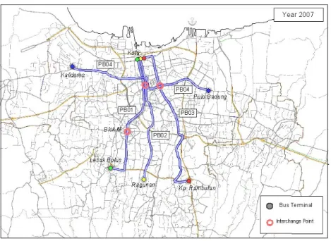 Gambar 13.1 menunjukkan rute busway untuk rencana jangka pendek yang dianalisis di dalam studi