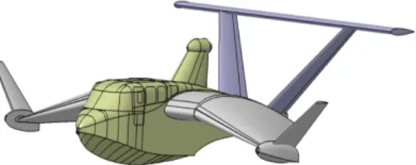 Gambar 1-1: Konfigurasi WiSE-8, sebuah  kapal  yang  dilengkapi  dengan sayap dan ekor  Bentuk  lambung  body  (fuselage)  kapal  bersayap  dipilih  mempunyai  tipe  dasar  rata  berstep  (stephull  -  planning  craft) (Husa B., 2000), sedangkan bentuk  sa