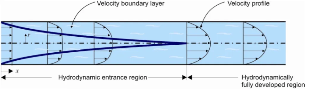 Gambar 2.11  Perkembangan kecepatan lapis batas pada pipa (Y. A. Cengel,  2003). 