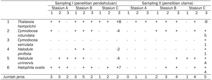 Tabel 1. Perbandingan keberadaan jenis lamun di P. Kumbang, Karimunjawa pada waktu sampling yang berbeda