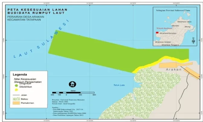 Gambar 2. Peta kesesuaian areal budi daya rumput laut di perairan Desa Arakanpengambilan  nitrat  untuk  proses  produktivitas 