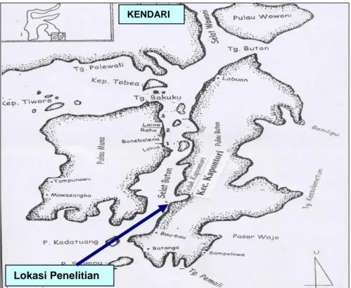 Gambar 1.  Lokasi penelitian anakan kerang mutiara (P. maxima) di Teluk                                            Kapontori, Pulau Buton – Sulawesi Tenggara