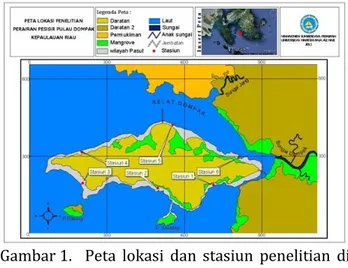 Gambar 1.   Peta  lokasi  dan  stasiun  penelitian  di  P.   Dompak 