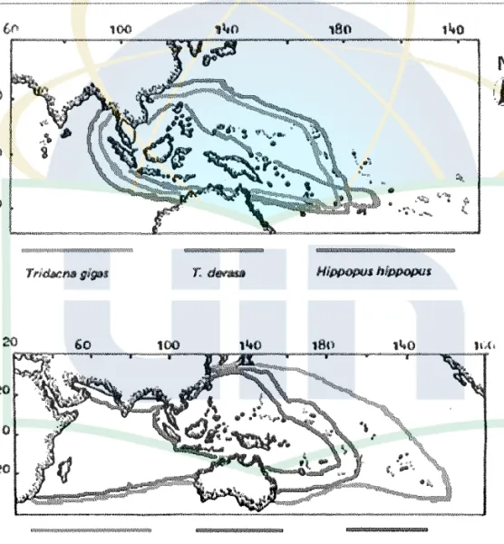 Gambar 11. Peta sebaran suku Tridacnidae di  Indo-Pasifik (Rosewater,  1965)  Kerang  kima  banyak  ditemukan  di  ekosistem  Terumbu  Karang  di  wilayah  Indo-Pasifik  termasuk  Indonesia