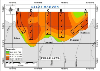 Gambar 5. Distribusi Salinitas Horisontal bulan Maret 2013 dan Jalur Transek A, B, C, D, dan E Pola  sebaran  salinitas  secara  horisontal  (Gambar  5)  menunjukkan  adanya  masukan  massa  air  dengan salinitas yang lebih rendah berasal dari daratan Pula