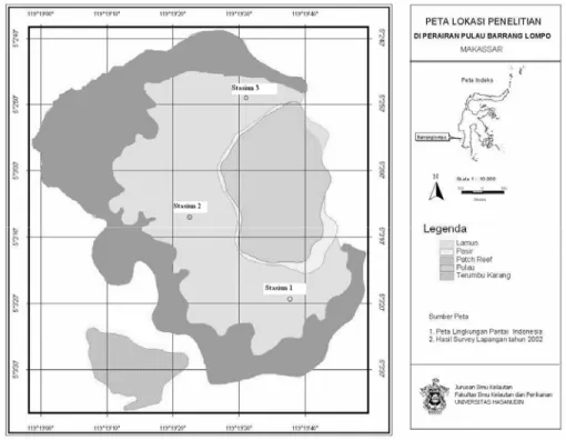 Gambar 1. Peta lokasi dan letak stasiun penelitian di Pulau Barranglompo, Makassar 