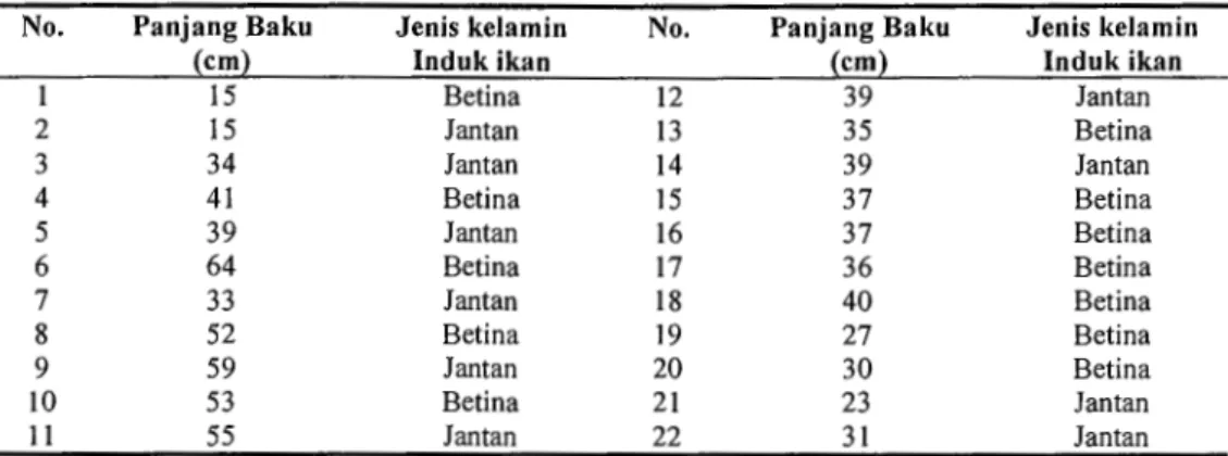 Tabel  2  mengutarakan  basil  sampling  spesimen  ikan  di  habitat  aslinya  yang  paling  lama  tereksploitasi  yaitu  perairan  rawa  di  Desa  Toray,  Erambo