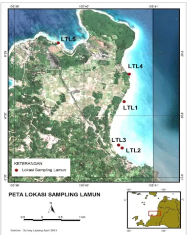 Gambar 1. Lokasi penelitian di Teluk Miskam, Tanjung Lesung, Banten, April 2013 