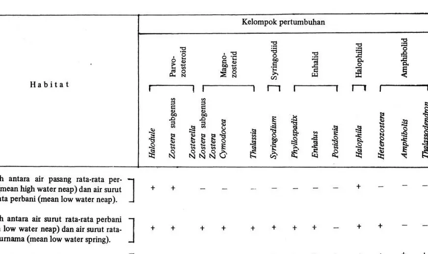 Tabel 1   :   Sebaran  vertikal  dari kelompok lamun berdasarkan pertumbuhan (DEN HARTOG 1977)