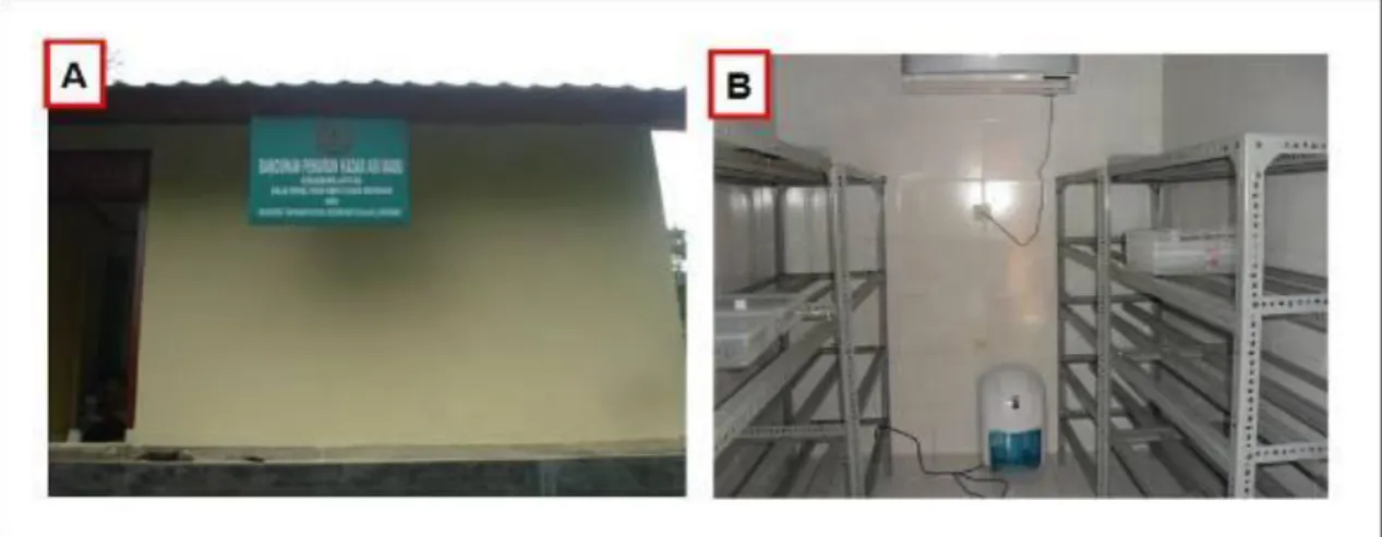 Gambar 3.   Bangunan  bangunan  penurun  kadar  air  madu  yang  terdiri  atas  kombinasi  ruangan kedap dengan sistem penguapan menggunakan dehumidifier : (A)  Tampak depan, (B) Ruang Kedap 