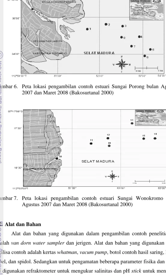 Gambar 7.  Peta  lokasi  pengambilan  contoh  estuari  Sungai  Wonokromo  bulan  Agustus 2007 dan Maret 2008 (Bakosurtanal 2000) 