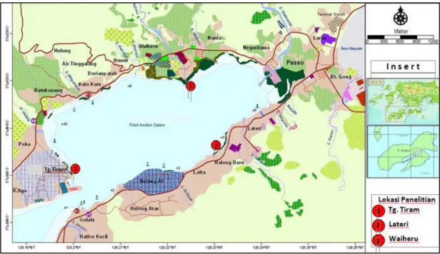 Gambar 1 Peta lokasi penelitian di perairan Teluk Ambon Dalam.