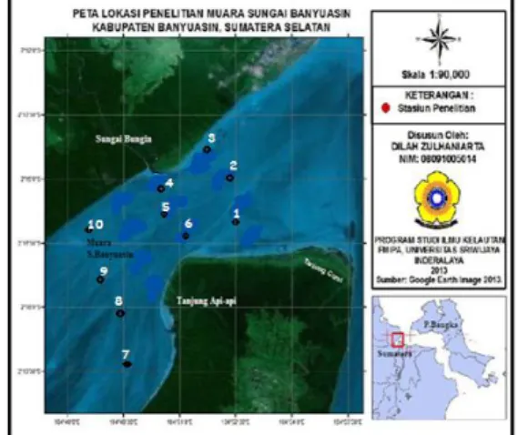 Gambar 1. Lokasi titik sampling di  muara Sungai Banyuasin, Sumatera 