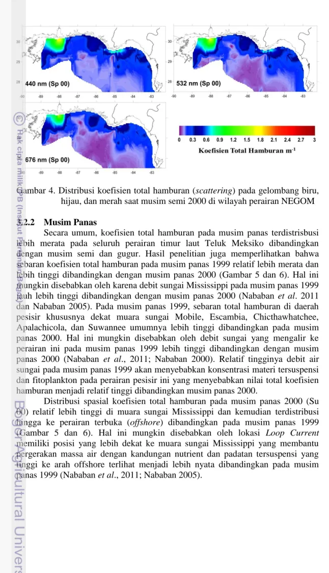 Gambar 4. Distribusi koefisien total hamburan (scattering) pada gelombang biru,  hijau, dan merah saat musim semi 2000 di wilayah perairan NEGOM    3.2.2  Musim Panas 