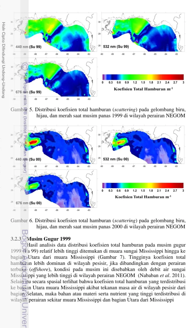 Gambar 5. Distribusi koefisien total hamburan (scattering) pada gelombang biru,  hijau, dan merah saat musim panas 1999 di wilayah perairan NEGOM 