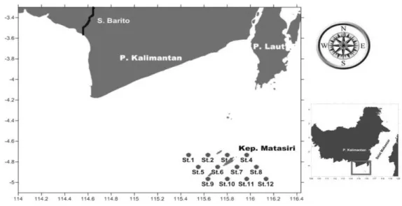 Gambar 1. Peta lokasi penelitian di perairan Kepulauan Matasiri, Kalimantan Selatan 