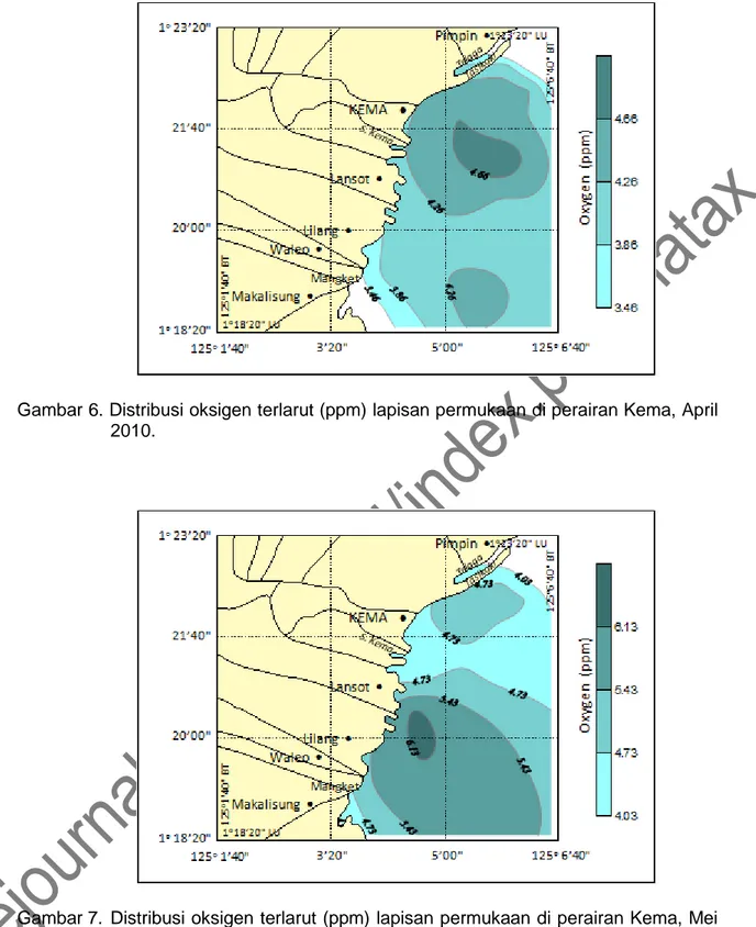 Gambar 6. Distribusi oksigen terlarut (ppm) lapisan permukaan di perairan Kema, April  2010