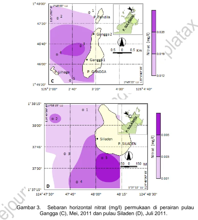 Gambar 3.  Sebaran  horizontal  nitrat  (mg/l)  permukaan  di  perairan  pulau  Gangga (C), Mei, 2011 dan pulau Siladen (D), Juli 2011