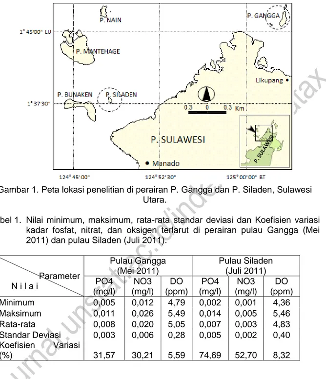 Gambar 1. Peta lokasi penelitian di perairan P. Gangga dan P. Siladen, Sulawesi  Utara