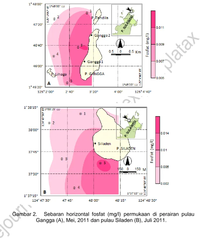Gambar 2.  Sebaran  horizontal  fosfat  (mg/l)  permukaan  di  perairan  pulau  Gangga (A), Mei, 2011 dan pulau Siladen (B), Juli 2011