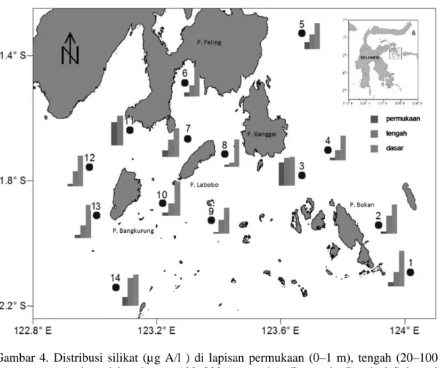 Gambar  4.  Distribusi  silikat  (µg  A/l  )  di  lapisan  permukaan  (0–1  m),  tengah  (20–100  m),  dan    dekat  dasar    (100–200  m)  perairan  Banggai  ,  Provinsi  Sulawesi  Tengah, Juni–Juli 2011