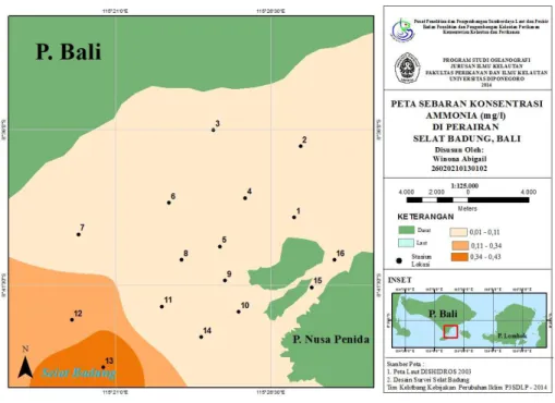 Gambar 3. Peta Sebaran Konsentrasi Nitrat hasil pengamatan 21-23 Juni 2014, di Perairan Selat Badung,  Bali 
